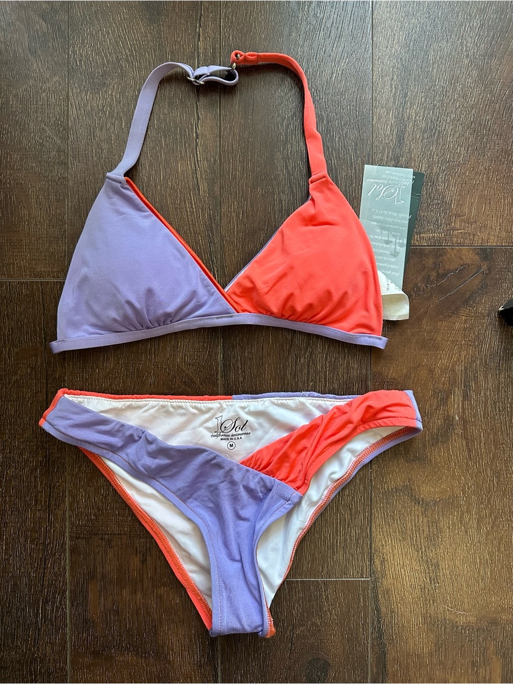 1 Sol Color Block Bikini Set Size Medium Purple Coral Made in USA